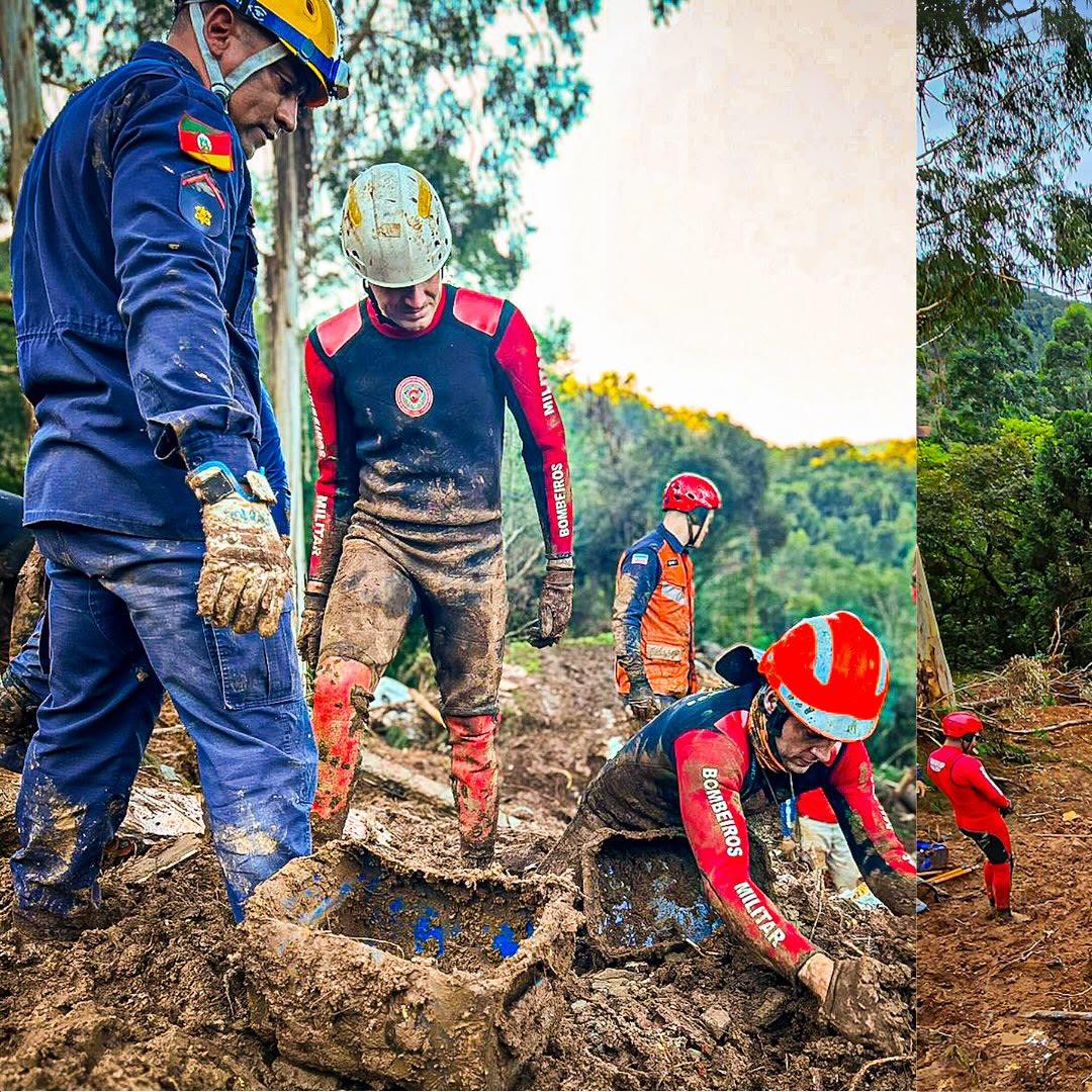 Equipes em operação de busca em movimento de massa