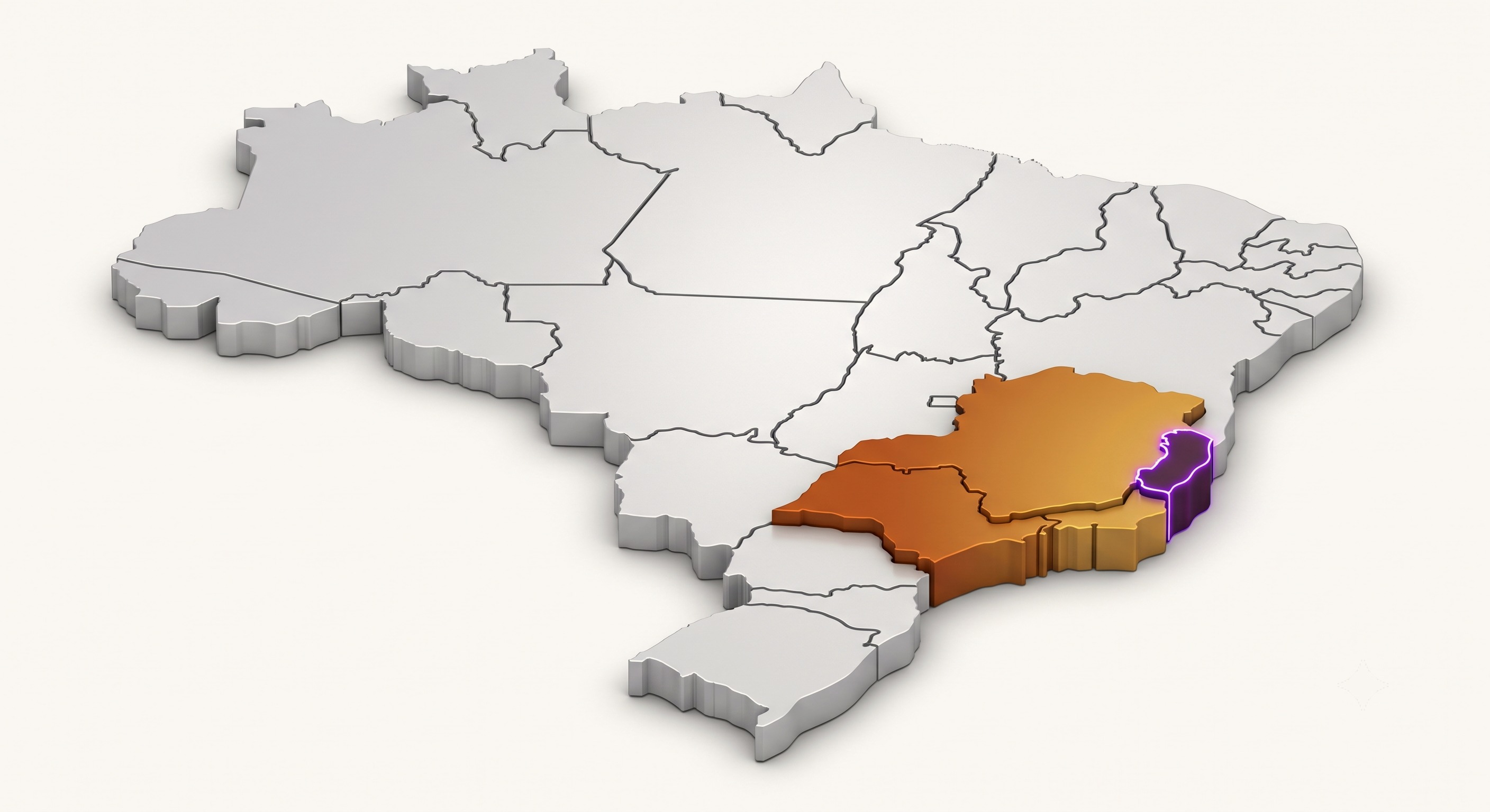 Mapa 3D do Brasil com a Região Sudeste em destaque e o Espírito Santo em evidência